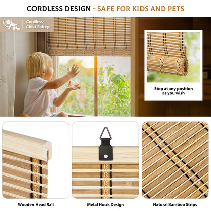 LazBlinds Natural Cordless Bamboo Roll-Up Shades for Light Filtering Indoor/Outdoor Use - 34 1/5'' W x 72'' H