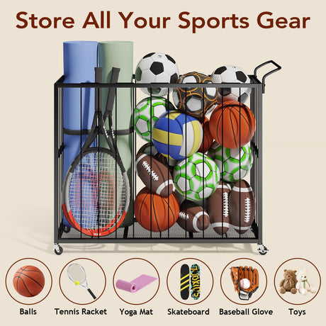 Homsorout Ball Storage Bin Rolling Sports Ball Cart, Metal Garage Organizer Sport Rack, Ball Basket Storage, Ball Cage for Garage or Gym, Indoor & Outdoor Sports Equipment Organizer（Black） Homsorout