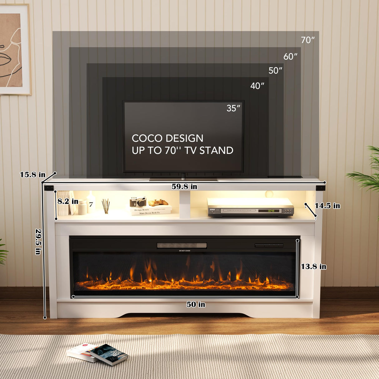 Fireplace TV Stand, Wood Texture 50" Electric Fireplace with Highlight Storage Cabinet, LED Light Entertainment Center, for TVs Up to 65"(WHITE) COCO DESIGN