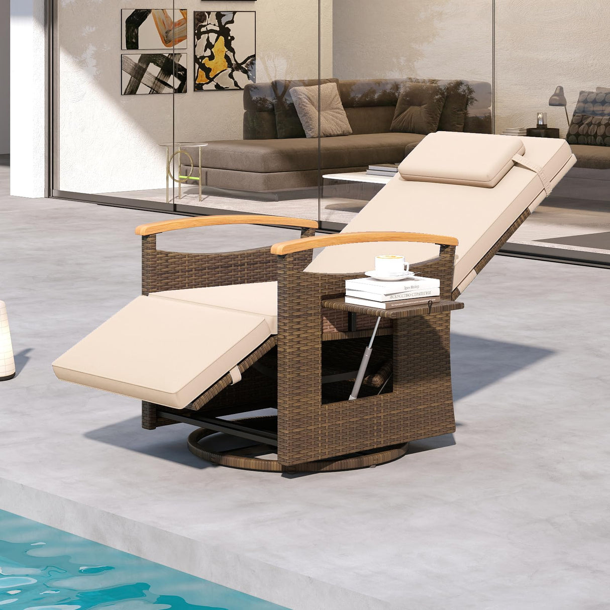 Tangkula Patio Rattan 360 Degree Swivel Recliner Chair, Wicker Lounge Chair w/Adjustable Backrest & Footrest, Cushioned Push Back Reclining Seat w/Flip Side Table for Porch, Yard, Lawn (1, Beige) Tangkula