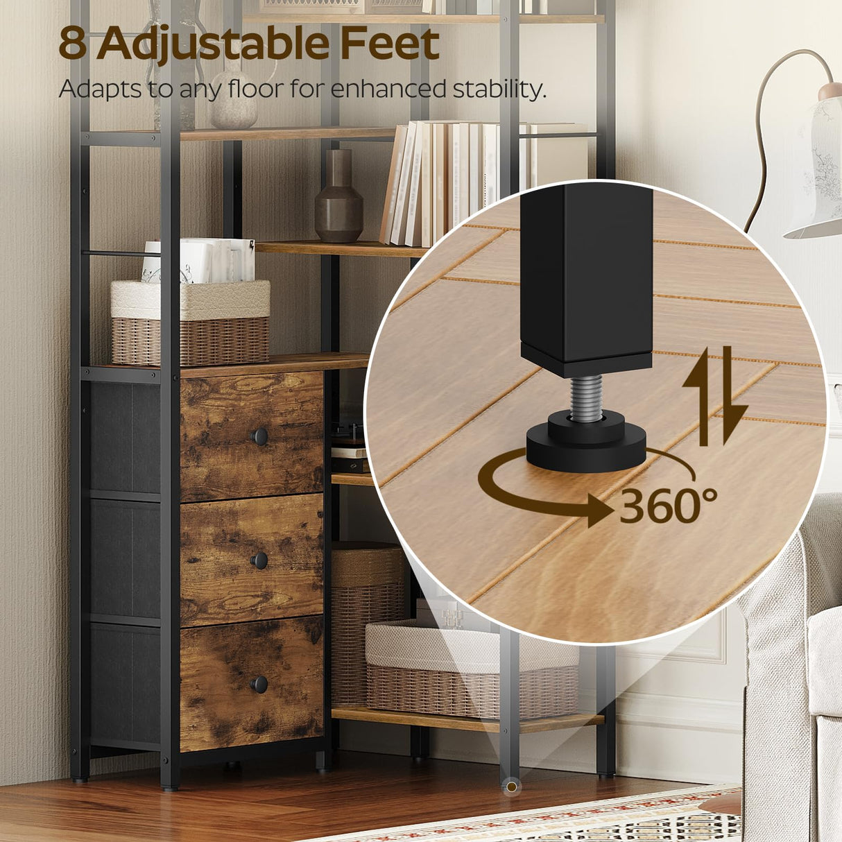 YATINEY Corner Bookshelf, 7 Tier L-Shaped Bookcase with 3 Drawers, Storage Corner Shelf, Freestanding Tall Display Shelf, Industrial Style, for Living Room, Home Office, Rustic Brown and Black SJ10BR YATINEY