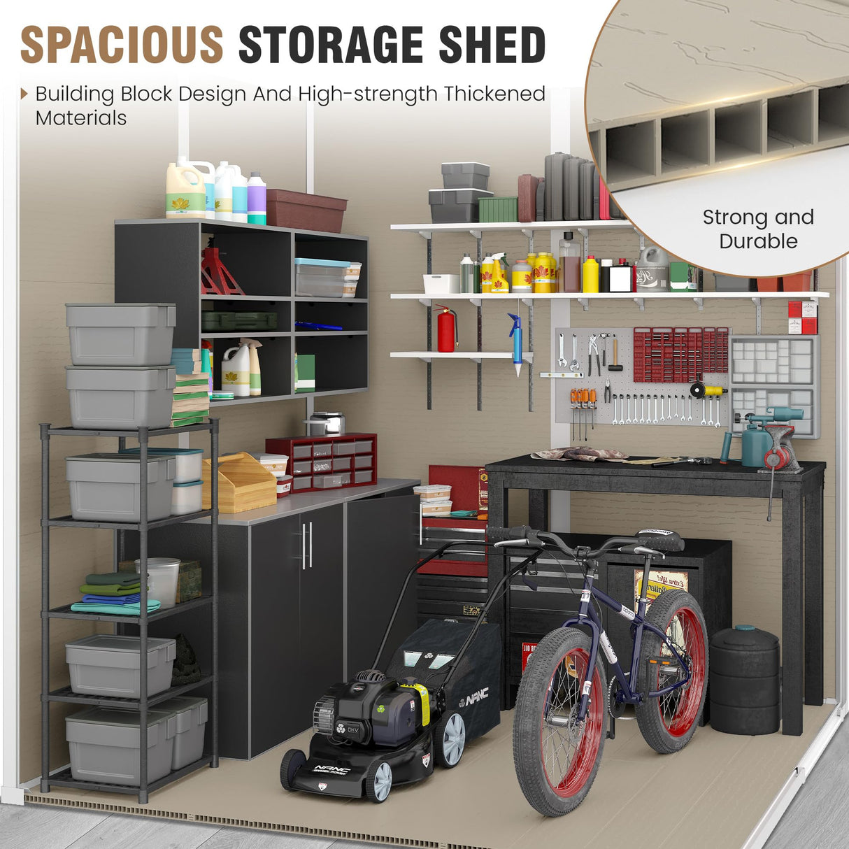 VONZOY Outdoor Storage Shed, 6x6 FT Resin Shed with Floor and Lockable Door, Window & Vents, Tool Sheds & Outdoor Storage for Bike, Garden Accessories, Tools, Waterproof (Light Brown) VONZOY