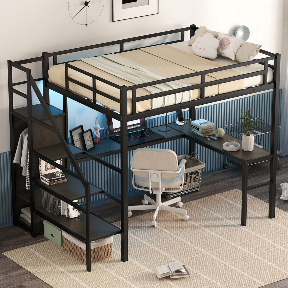 Metal Full Size Loft Bed with Desk and Stairs,Heavy Duty Loft Bed Frame with Wardrobe,LED Loft Bed Full Size with Charging Station for Kids,Teens,Adults,Black Bellemave