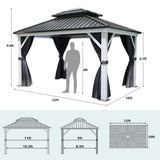 YITAHOME White Gazebo 10x12ft Hardtop Double Roof Canopy Galvanized Iron Aluminum Frame Outdoor Gazebo with Netting and Shaded Curtains Garden Tent for Patio, Backyard, Deck and Lawns, Grey Curtain YITAHOME