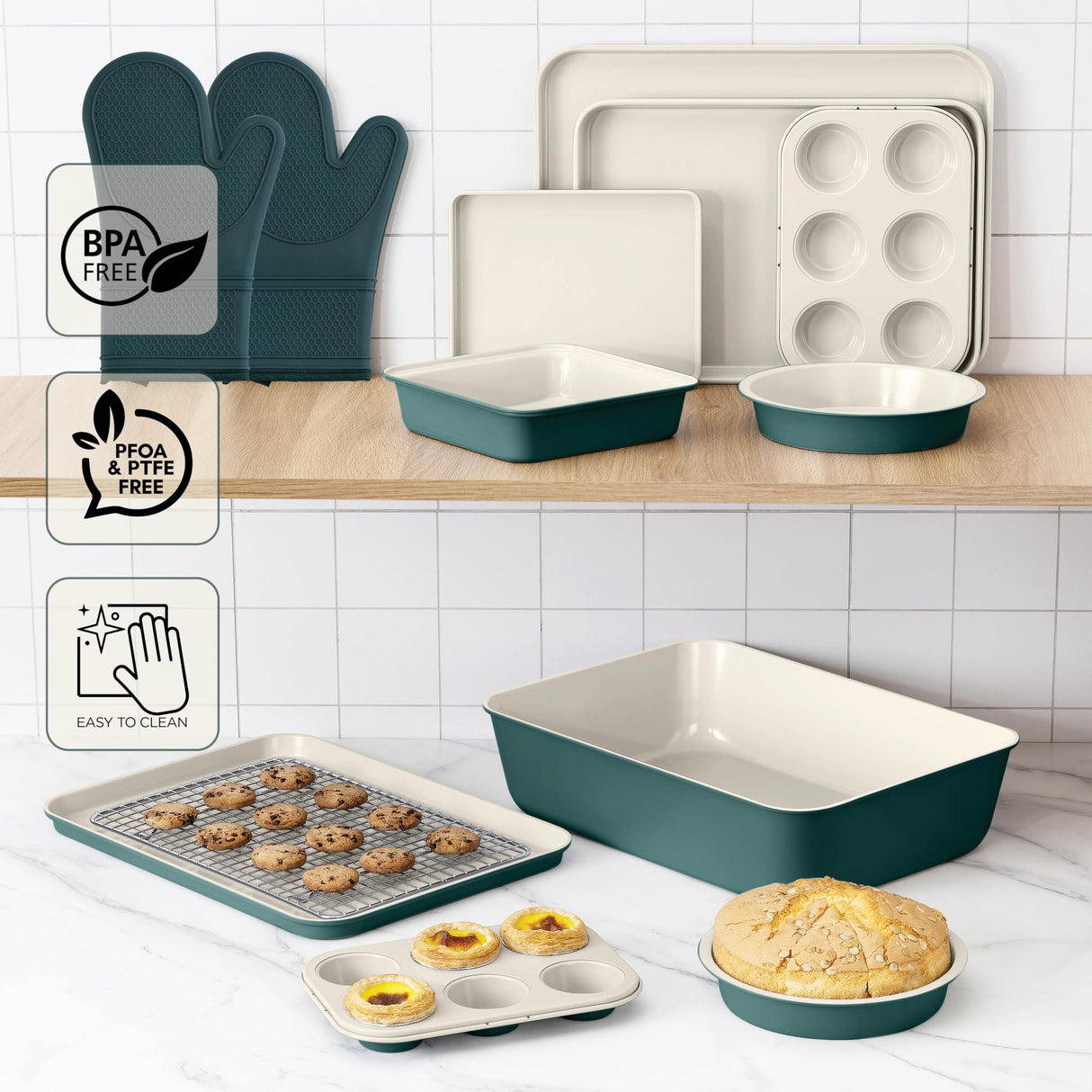 Country Kitchen Nonstick Stackable Bakeware Set - Durable, Easy Release Baking Set, Sage, 13 Pcs Country Kitchen