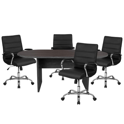 Flash Furniture 5 Piece Rustic Gray Oval Conference Table Set with 4 Black and Chrome LeatherSoft Executive Chairs - WoodArtSupply