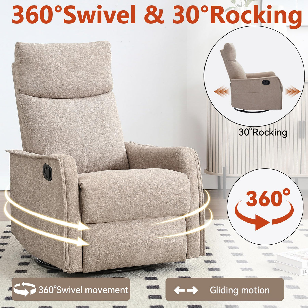 Massage Chair Recliner with Heat, Swivel Rocking Chair Recliner with High Back, Manual Lazy Boy Recliners for Adults,Small Recliner Chair for Small Spaces, Living Room Bedroom, Fabric (Khaki) Thctvous
