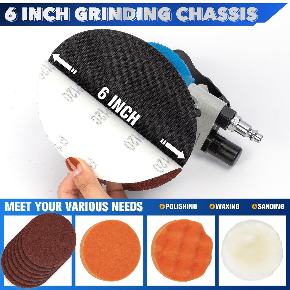 KUIMIT 6 Inches Air Random Orbital Sander, Pneumatic Palm Car Sanders For Wood Polisher Metal,And Auto Body Work, Da Sanders, Dual-action Sander KUIMIT