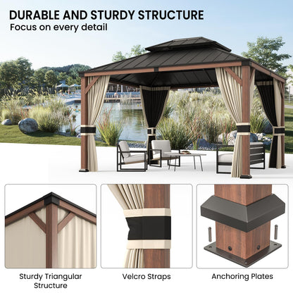 Amopatio 10' X 12' Wood Gazebo, Hardtop Gazebos with Galvanized Steel Double Roof, Metal Outdoor Permanent Aluminum Gazebo for Patio Deck Backyard - WoodArtSupply