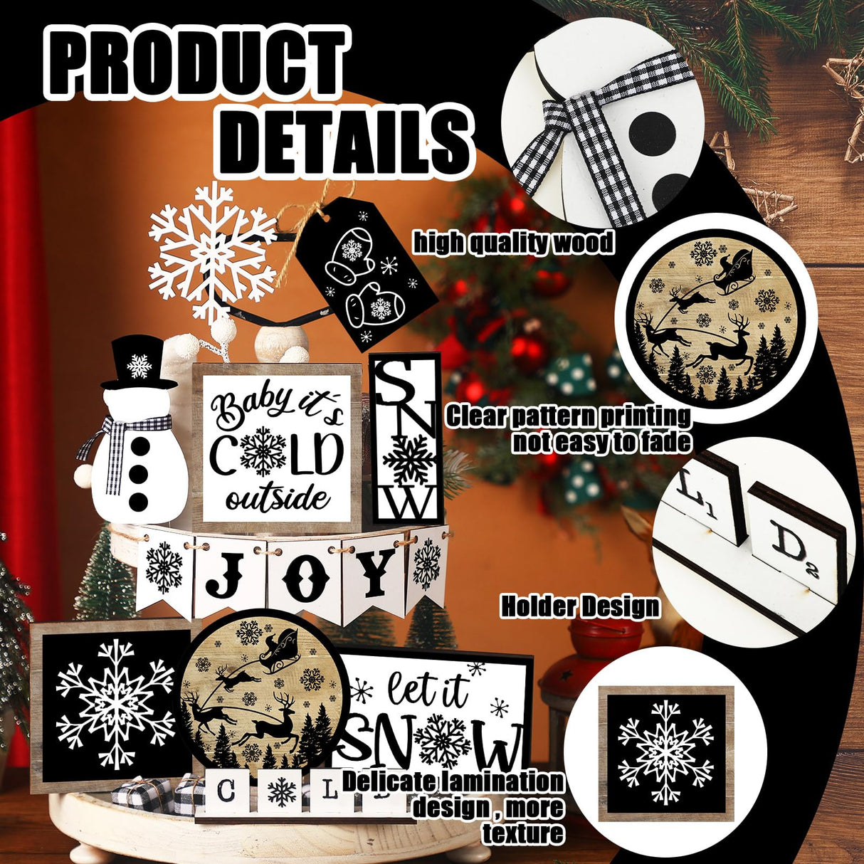 14 Pcs Winter Tiered Tray Decor Set Snowman Snowflake Table Decor Christmas Tree Wooden sign Farmhouse Coffee Spice Blocks Winter Table decoration for Christmas Home Table Shelf FairySandy