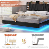 DICTAC California King Floating LED Bed Frame with Storage Headboard and Charging Station in Black and Rustic Finish DICTAC