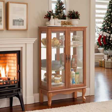 CKEASEAN Lighted Curio Cabinet, 44" H Glass Display Cabinet with 3-Tier Adjustable Glass Shelves, China Cabinet with Mirrored Back Panel for Living Room, Light Blub Included (Dark Oak) CKEASEAN