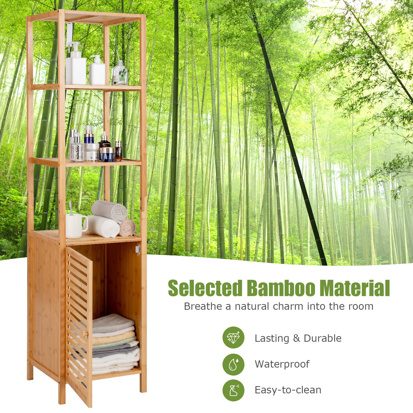 Tangkula Bathroom Cabinet, 65 Inch Tall Slim Bathroom Storage Cabinet with Shutter Door and 3 Open Shelves, Narrow Multifunctional Freestanding Linen Tower Cabinet, Natural Bamboo, 15.5x14.5x - WoodArtSupply