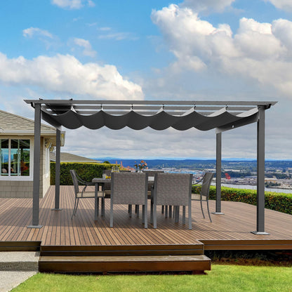 HAPPATIO 10' X 13' Outdoor Pergola Retractable Pergola Canopy for Deck, Backyard, Patio, Aluminum Pergola with Sun and Rain-Proof Canopy, Includes Ground Studs and Expansion Screws (Grey) - WoodArtSupply