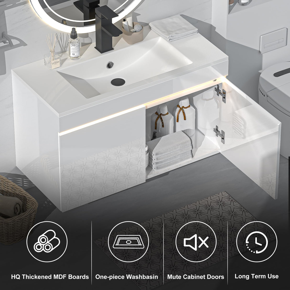 AHB 30 inch Bathroom Vanity W/Sink Combo, High Gloss Bathroom Cabinet, Smart Wall Mounted Sink Cabinet Auto Motion Sensor LED Light, Modern Floating Vanity with Faucet AHB