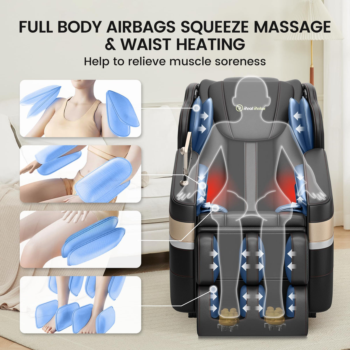 Real Relax Massage Chair, Full Body Zero Gravity Massage Recliner, with Auto Modes, Waist Heating, LCD, Bluetooth, Foot Massage, Black Real Relax