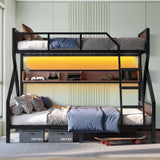 HKOLIE Twin XL Over Queen Bunk Bed with Storage Shelves & LED Lights, Heavy Duty Metal Bunk Bed Frame with Stairs, Noise-Free Design, Space-Saving Bed with Guardrails for Kids, Teens & Adults, Black HKOLIE