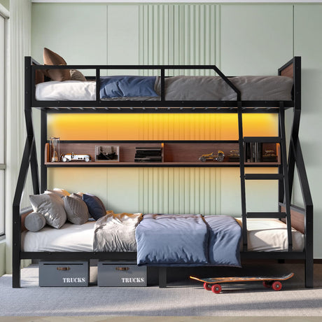 HKOLIE Twin XL Over Queen Bunk Bed with Storage Shelves & LED Lights, Heavy Duty Metal Bunk Bed Frame with Stairs, Noise-Free Design, Space-Saving Bed with Guardrails for Kids, Teens & Adults, Black HKOLIE