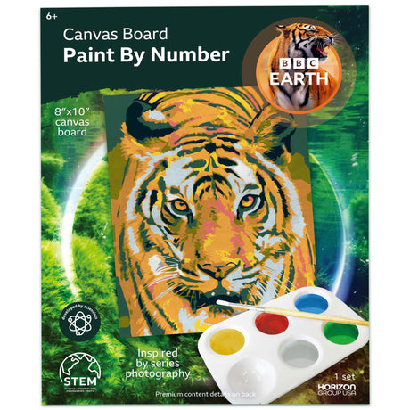 BBC Earth Canvas Board Paint by Numbers Tiger, 8 x 10-inch Canvas, Paint Palette, Paintbrush, Powder Paints, Kit for Adults Beginner, Painting Horizon Group USA