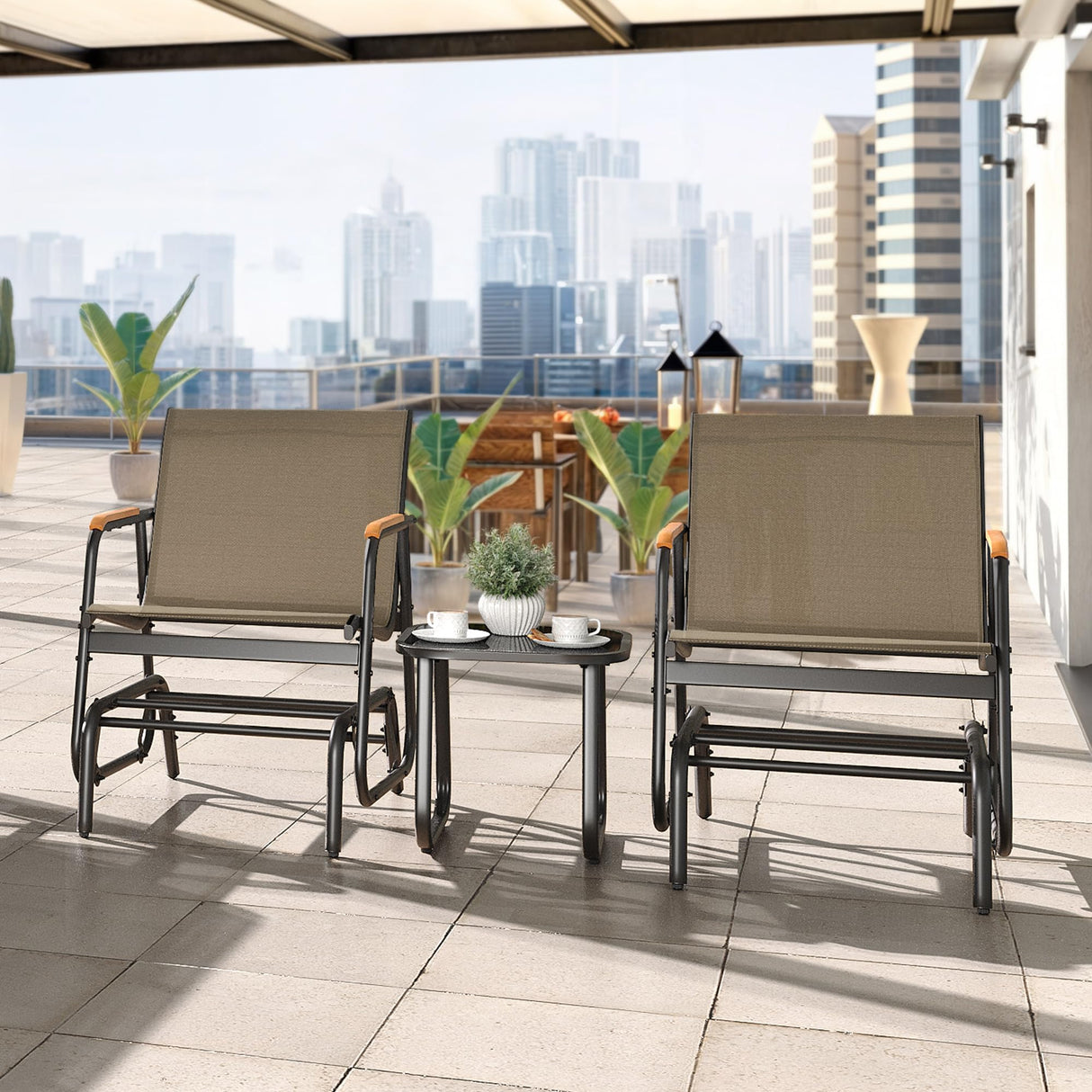 YITAHOME 3 Piece Patio Furniture Set, Outdoor Glider Chair Bistro Set, Coffee Table with Tempered Glass Tabletop, Patio Textilene Chairs Set of 2 for Backyard, Lawn, Garden, Balcony and Porch, Brown YITAHOME