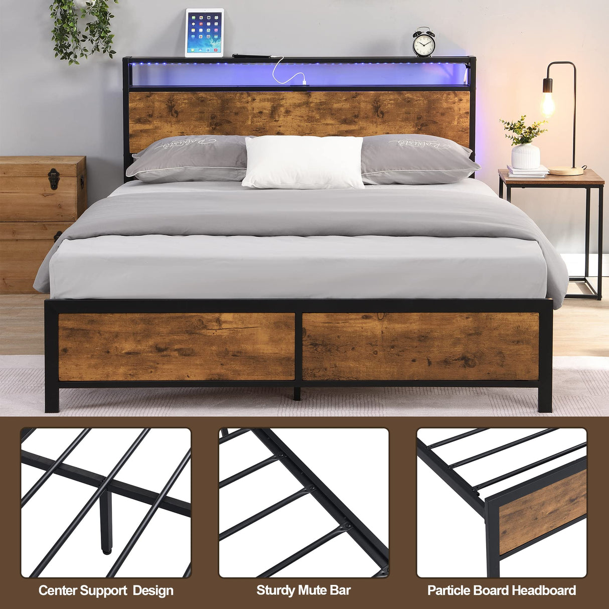 Modern Industrial Full Bed Frame with LED Lights and USB Ports - Stylish Rustic Brown Design with Storage Headboard and Under-Bed Space anwickjeff