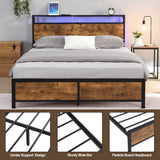 Modern Industrial Full Bed Frame with LED Lights and USB Ports - Stylish Rustic Brown Design with Storage Headboard and Under-Bed Space anwickjeff