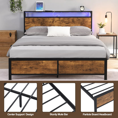 Modern Industrial Full Bed Frame with LED Lights and USB Ports - Stylish Rustic Brown Design with Storage Headboard and Under-Bed Space - WoodArtSupply