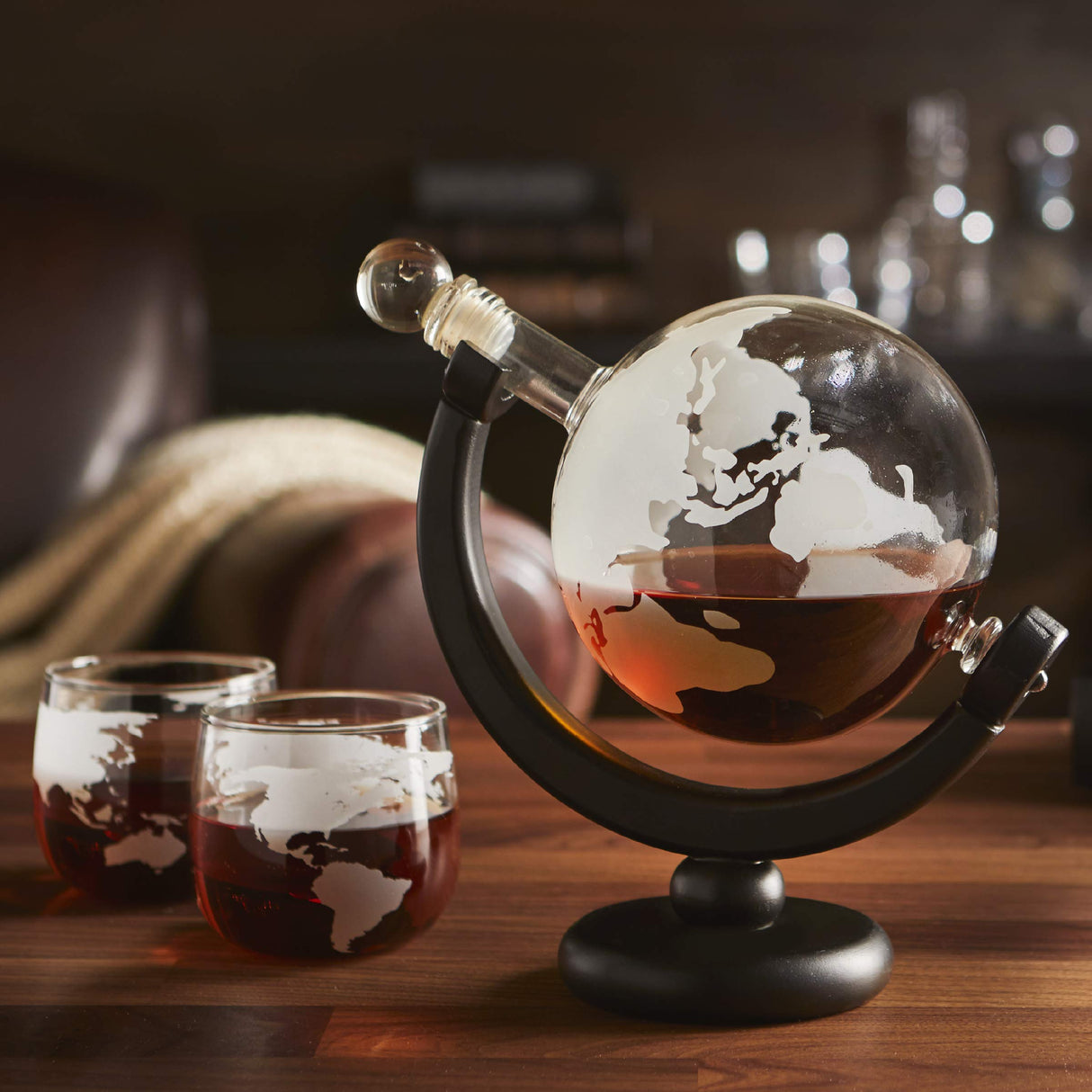 Hammer + Axe Whiskey Decanter Set, Globe-Shaped Whiskey Storage with Stand, Includes Two Matching Glasses, Perfect for Scotch, Bourbon and Favorite Libations, Accent Home Bar Decor, Alcohol Serving Hammer and Axe
