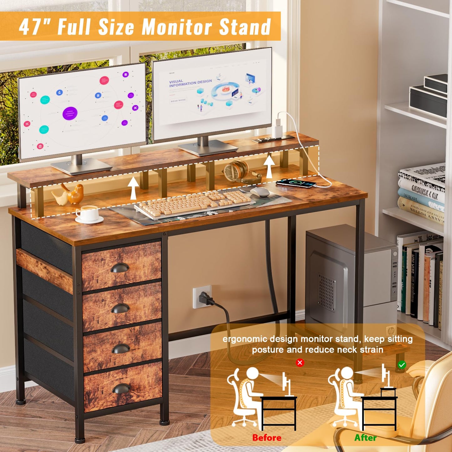 Furologee Desk with Power Outlets and LED Lights, 47in Gaming Computer Desk with 4 Fabric Drawers, Home Office Desk with Full Monitor Stand and Shelf, Study Writing Desk Bedroom, Rustic Brown - WoodArtSupply