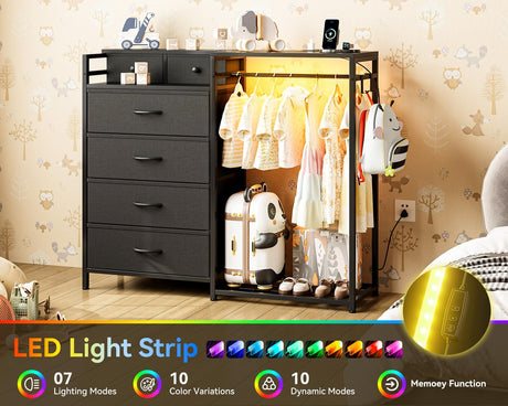 KKL Dresser for Bedroom with Clothes Hanging Rack, Reversible Bedroom Dresser with Shoe Rack & 6 Fabric Drawers, 3-in-1 Storage Chest of Drawers with Led Lights & Charging Station for Closet, Black KKL
