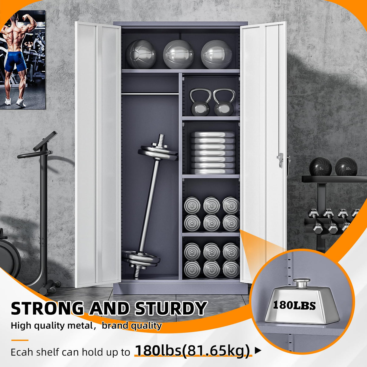 INTERGREAT Metal Storage Cabinet,72 Tall Armoire Wardrobe Closet with Doors,Grey White Storage Locker Cabinets with Adjustable Shelves and Removable Hanging Rods INTERGREAT