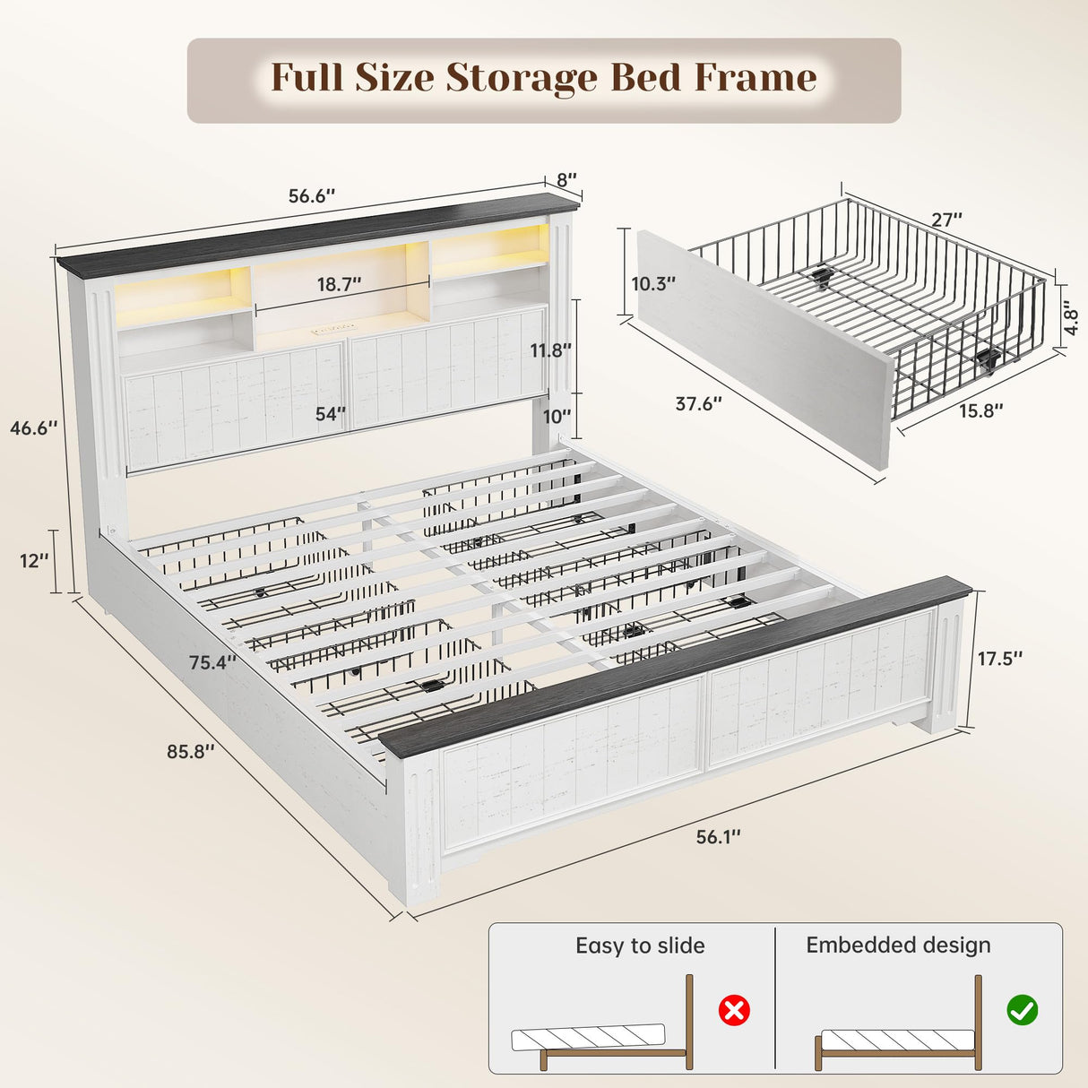 EnHomee Full Size Bed Frame with Headboard and Storage, 4 Drawers & LED & USB Full Bed Frame with Storage Farmhouse, Built in Charging Station,NO Noise,No Box Spring Needed,White EnHomee