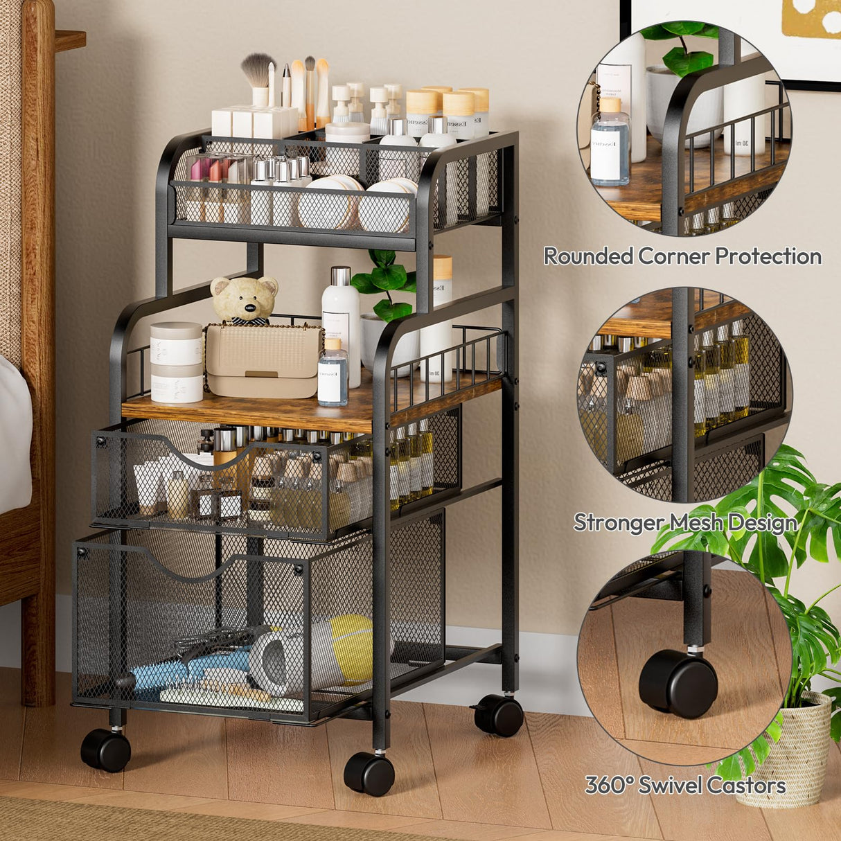 SWTYMIKI Rolling Cart with Drawers - Metal Utility Cart with Wood Shelf, DIY Divider and Locking Wheels, Craft & Art Cart Organizer for Under Desk Storage for Home Office Studio, Black SWTYMIKI