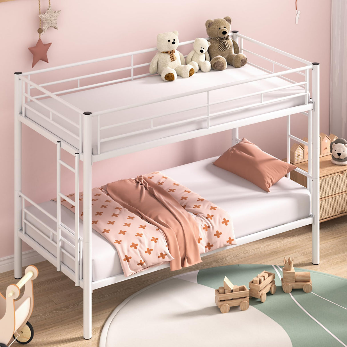 VECELO Metal Bunk Bed Twin Over Twin, Industrial Bunkbeds with Ladder and Full-Length Guardrail, Noise Free, No Box Spring Needed, Off White VECELO