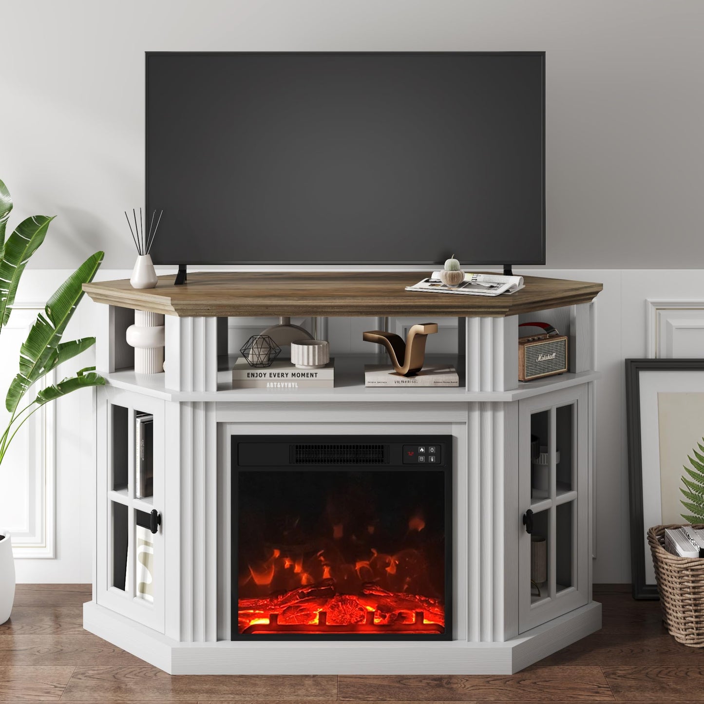 YESHOMY Corner Fireplace TV Stand for Television up to 55" with Storage Cabinets, Entertainment Center, Media Console for Living Room, Bedroom, White＆Rustic