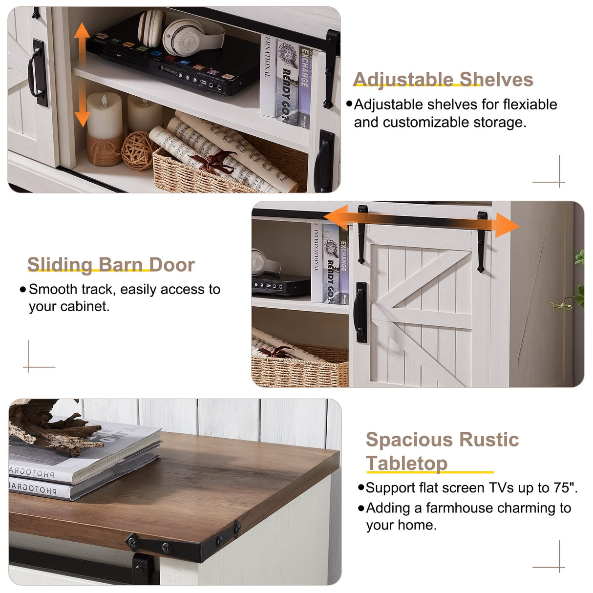 OKD Farmhouse TV Stand for 75 Inch TV with Sliding Barn Door, Rustic Wood Entertainment Center Large Media Console Cabinet Long Television Stands for 70 Inch TVs, Antique White OKD