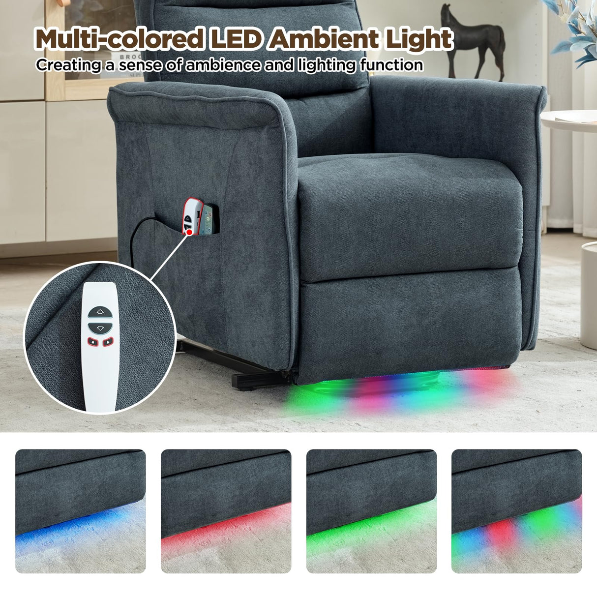 MANBUR Power Lift Recliner with Vibration and Lumbar Heat, Electric Power Lift Chair Recliner Chair, Home Theater Seating RV Recliner Living Room Chair with Side Pockets, LED Light, USB Port(Blue) MANBUR