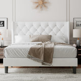 Feonase Queen Size Bed Frame with Diamond Tufted Wingback Headboard, Upholstered Platform Bed, Sturdy Wooden Slats Support, Noise-Free, No Box Spring Needed, Easy Assembly, White Feonase