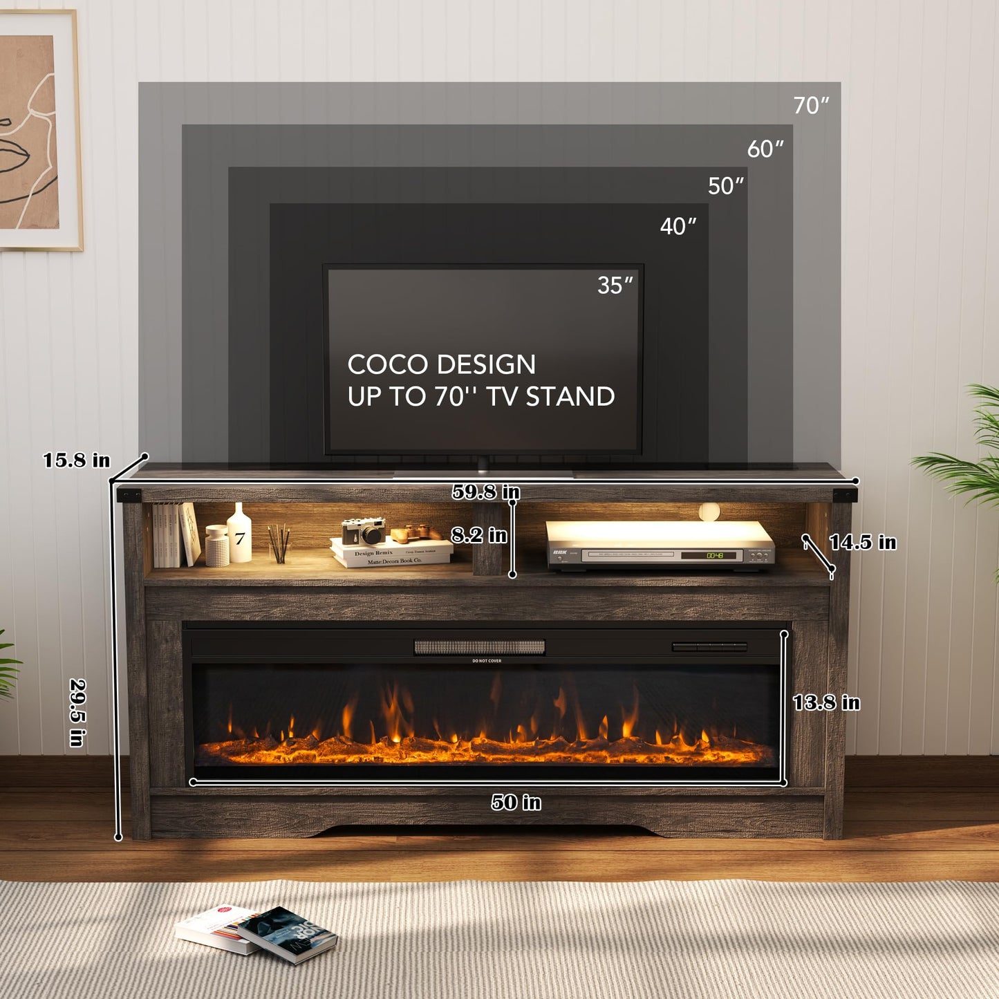 COCO DESIGN Fireplace TV Stand, Multicolor Wood Texture 50" Electric Fireplace with Highlight Storage Cabinet, LED Light Entertainment Center, for TVs Up to 65"(Gray)