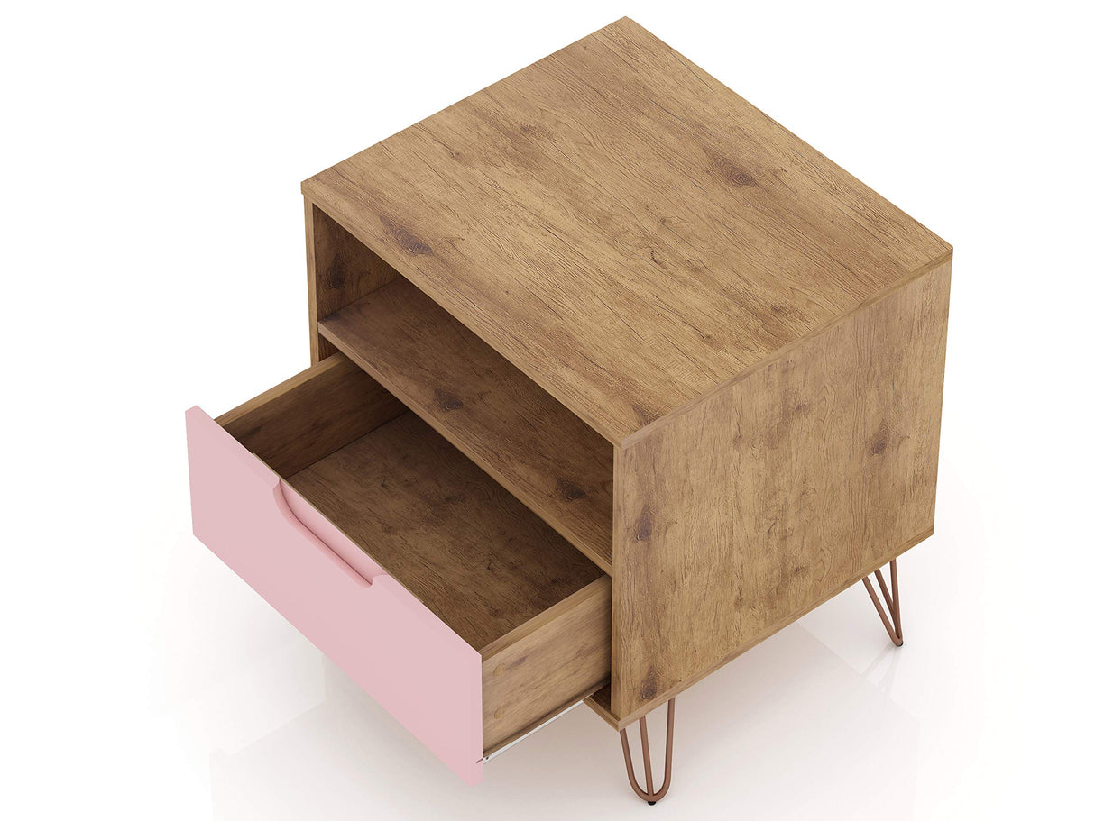 Manhattan Comfort Rockefeller Nightstand with Drawer and Cubby, Mid Century Modern Bedside Table, Minimalist Display and Storage Organizer, Ideal for Bedroom and Living Room, Nature/Rose Pink Manhattan Comfort