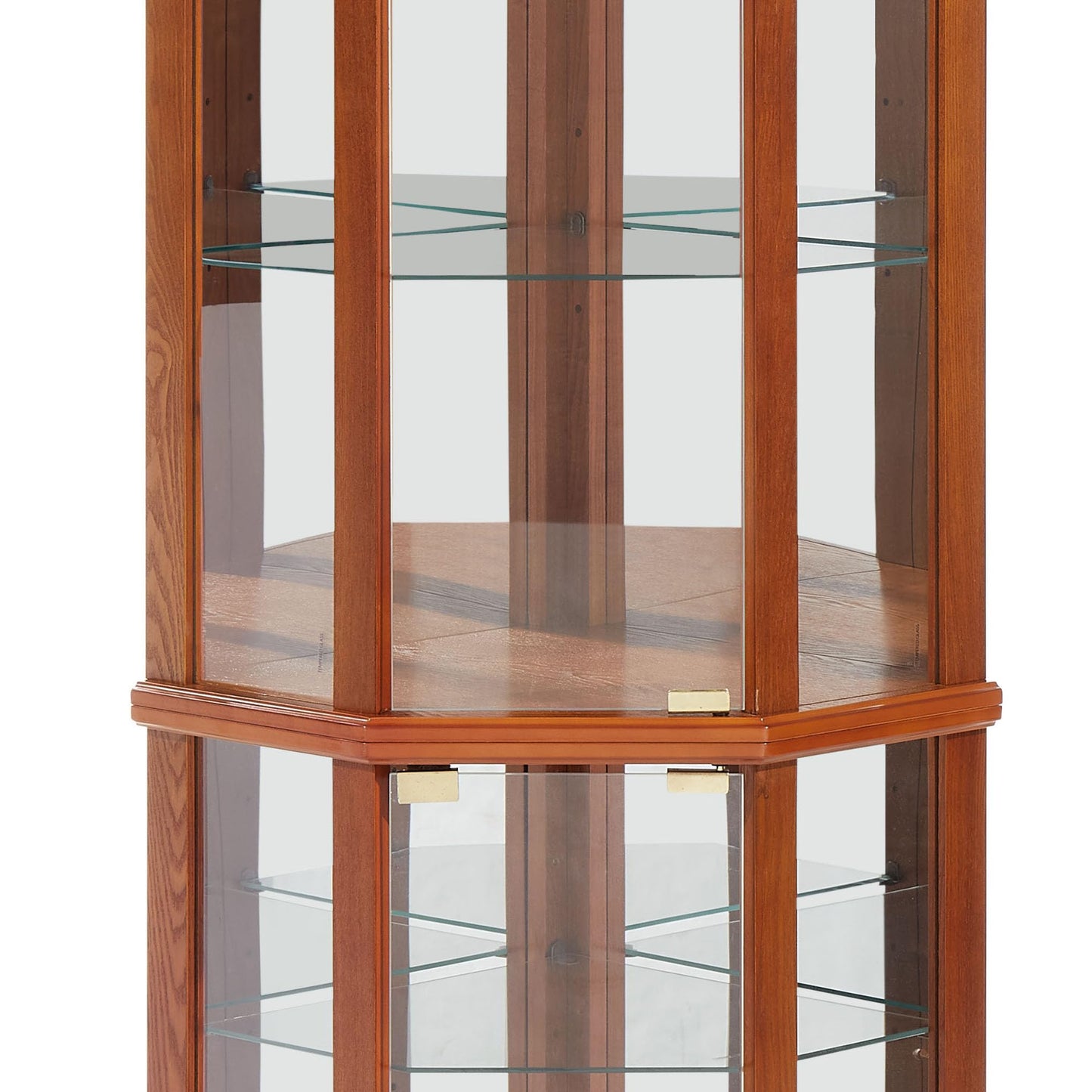 Lighted Corner Display Curio Cabinet Wooden Shelving Unit with Tempered Glass Door, Bar and Liquor Storage Area with 5 Shelves, Wine Cabinet with Curved Top Carving, Oak