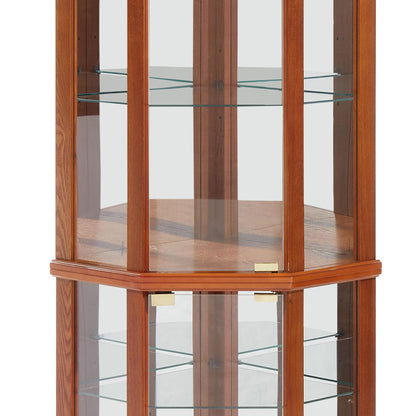 Lighted Corner Display Curio Cabinet Wooden Shelving Unit with Tempered Glass Door, Bar and Liquor Storage Area with 5 Shelves, Wine Cabinet with Curved Top Carving, Oak