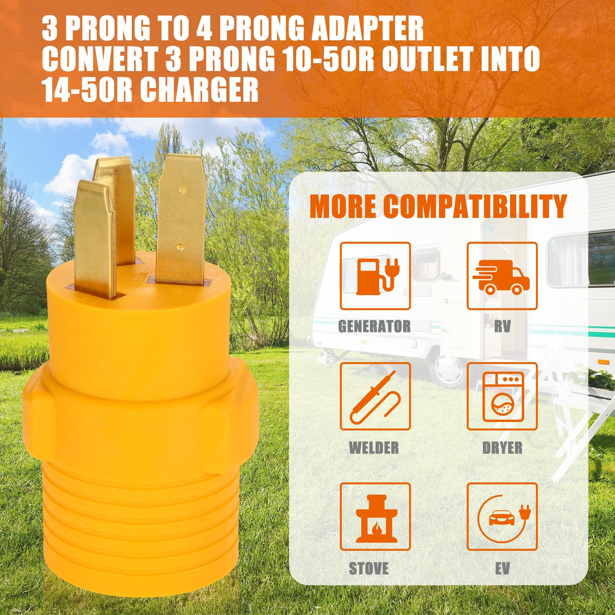 Kanayu 3 Prong Stove Adapter Compatible with NEMA 10-50P to 14-50R Adapter 3 Prong Male Plug to 4 Female Receptacle 50Amp EV Charger Generator Welder Dryer Power Cord Connector(Yellow) Kanayu