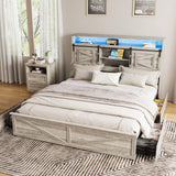 Fameill Farmhouse King Size Bed Frame with 4 Drawers and Bookcase Headboard, Sliding Barn Door Storage Shelves, LED Lights and Charging Station, No Box Spring Needed, Grey Fameill