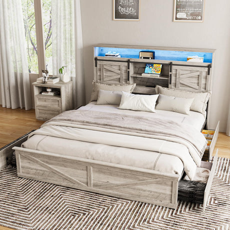 Fameill Farmhouse King Size Bed Frame with 4 Drawers and Bookcase Headboard, Sliding Barn Door Storage Shelves, LED Lights and Charging Station, No Box Spring Needed, Grey Fameill
