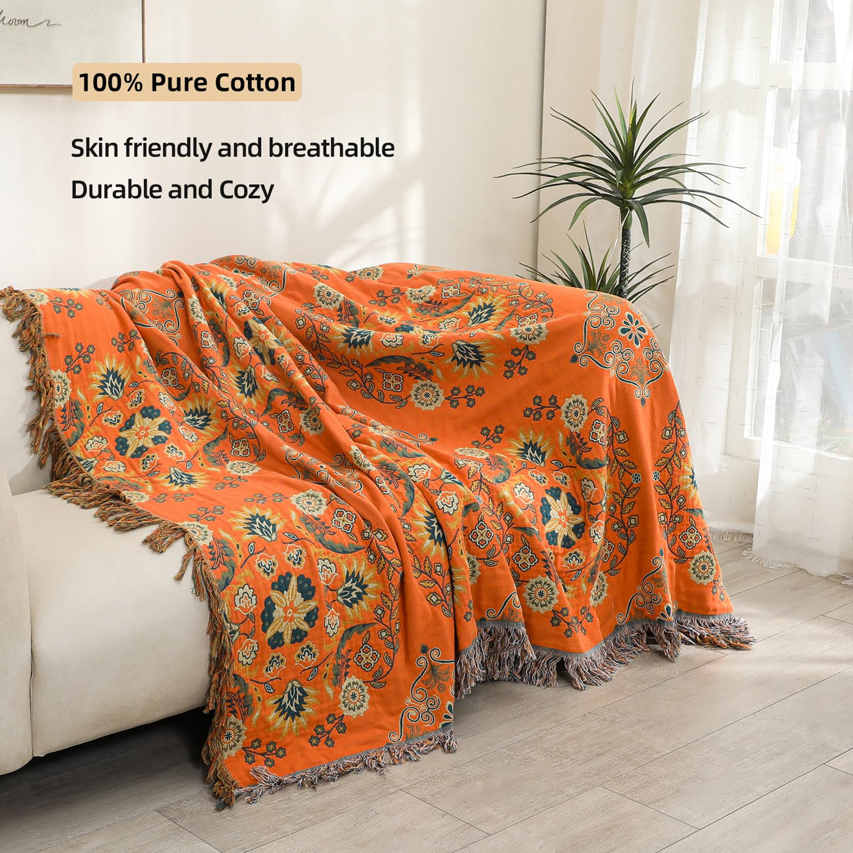 VANJOROY Boho Large Throw Blanket, 100% Cotton Breathable Soft Bed Throw - Floral Farmhouse Decor Blanket for Sofa Couch Chair and Gift. 60" x 80"- Orange VANJOROY