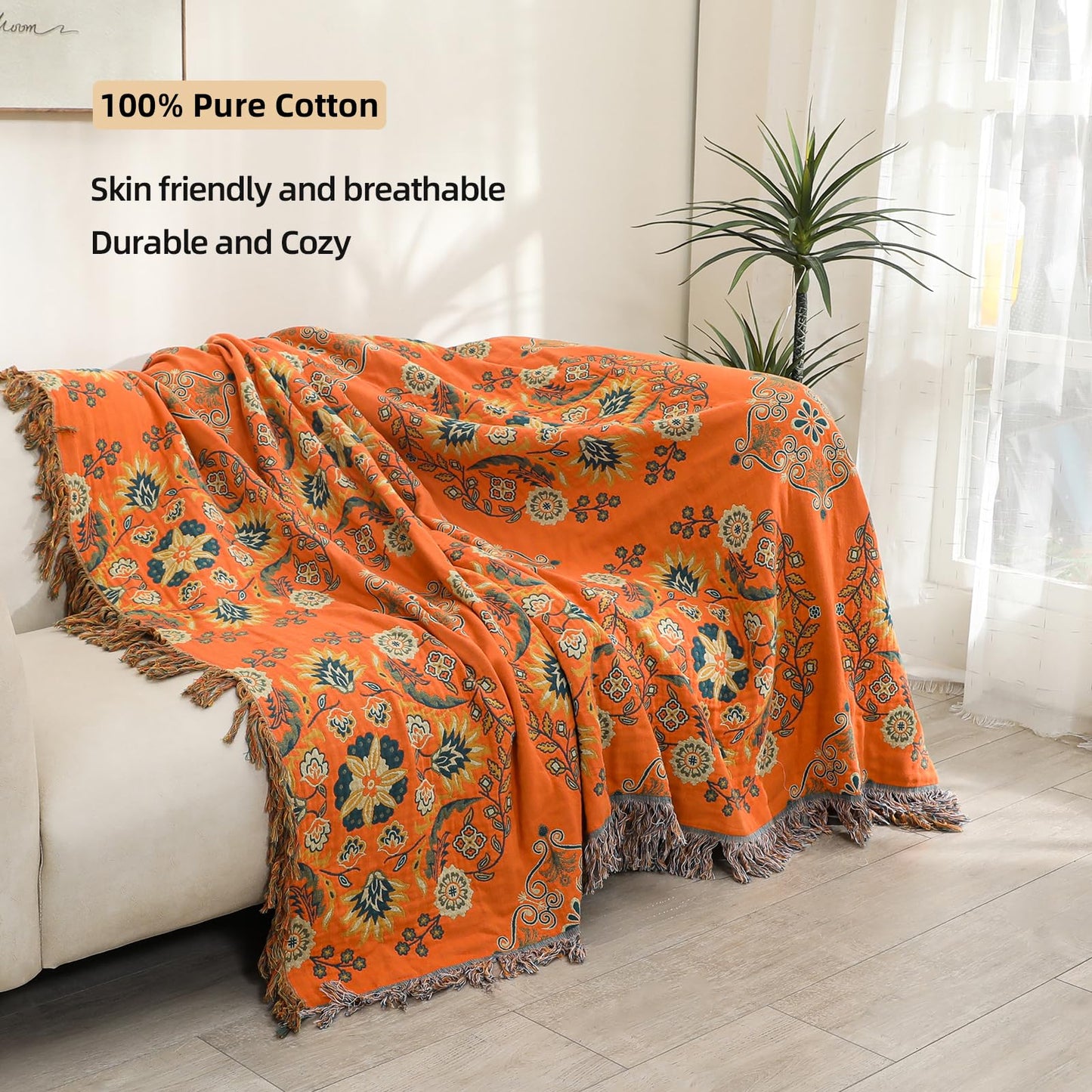 VANJOROY Boho Large Throw Blanket, 100% Cotton Breathable Soft Bed Throw - Floral Farmhouse Decor Blanket for Sofa Couch Chair and Gift. 60" x 80"- Orange