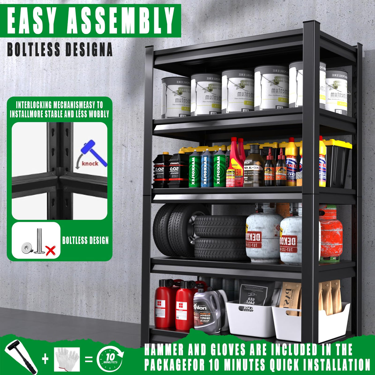 TXTDPL 3000 LBS Storage Shelves, 72" H Garage Shelving, 5-Tier Heavy Duty Shelf, Steel Shelving, Adjustable Shelving Unit, Easy to Assemble, for Garage, Warehouse, Basement Storage Shelving, Black TXTDPL