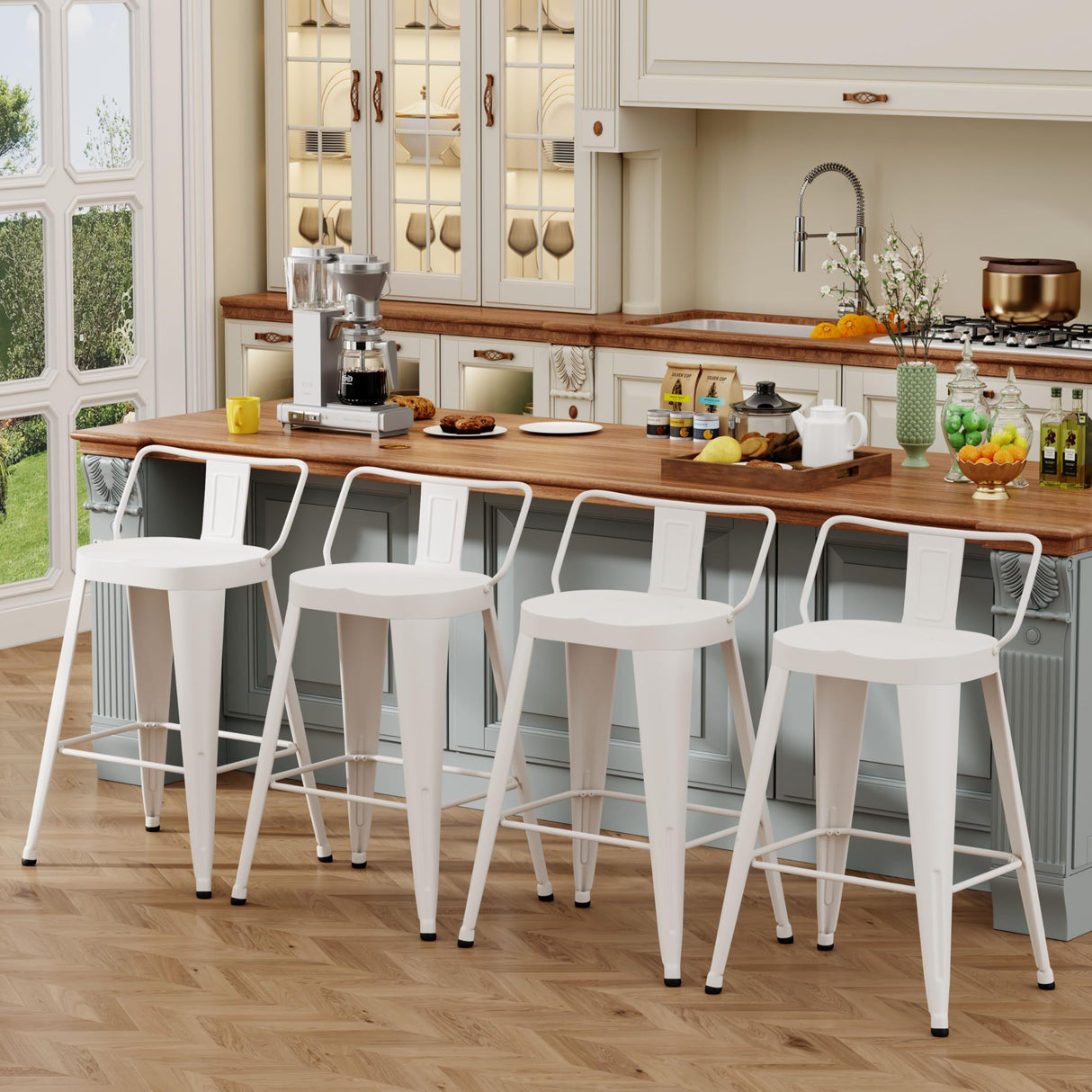 ALISH 24 Inch Bar Stools Set of 4, Industrial Metal Barstools Farmhouse Bar Chairs with Large Seat for Kitchen Island (24 Inch, White) ALISH