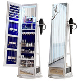 HWB Full-Length Mirror with Jewelry Storage: 360° Swivel Standing Jewelry Cabinet with Lights - Rotatable Standing Jewelry Armoire Organizer with Foldable Makeup Shelf White HWB